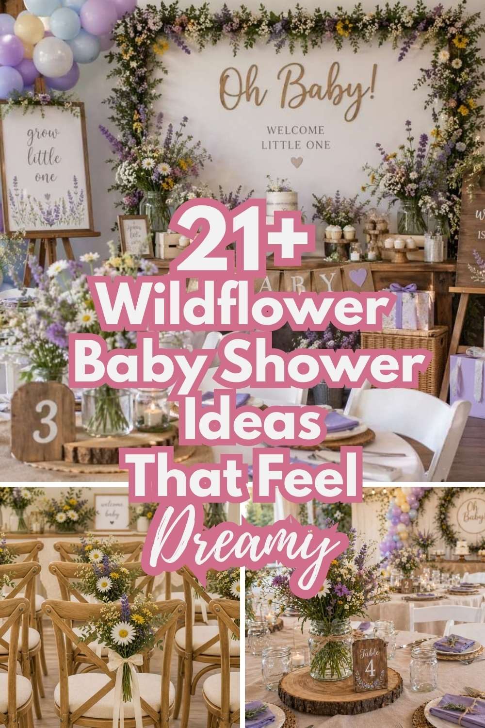 Dreamy wildflower baby shower ideas featuring lavender centerpieces, rustic wooden tables, pastel floral decorations, and elegant garden-inspired party styling.