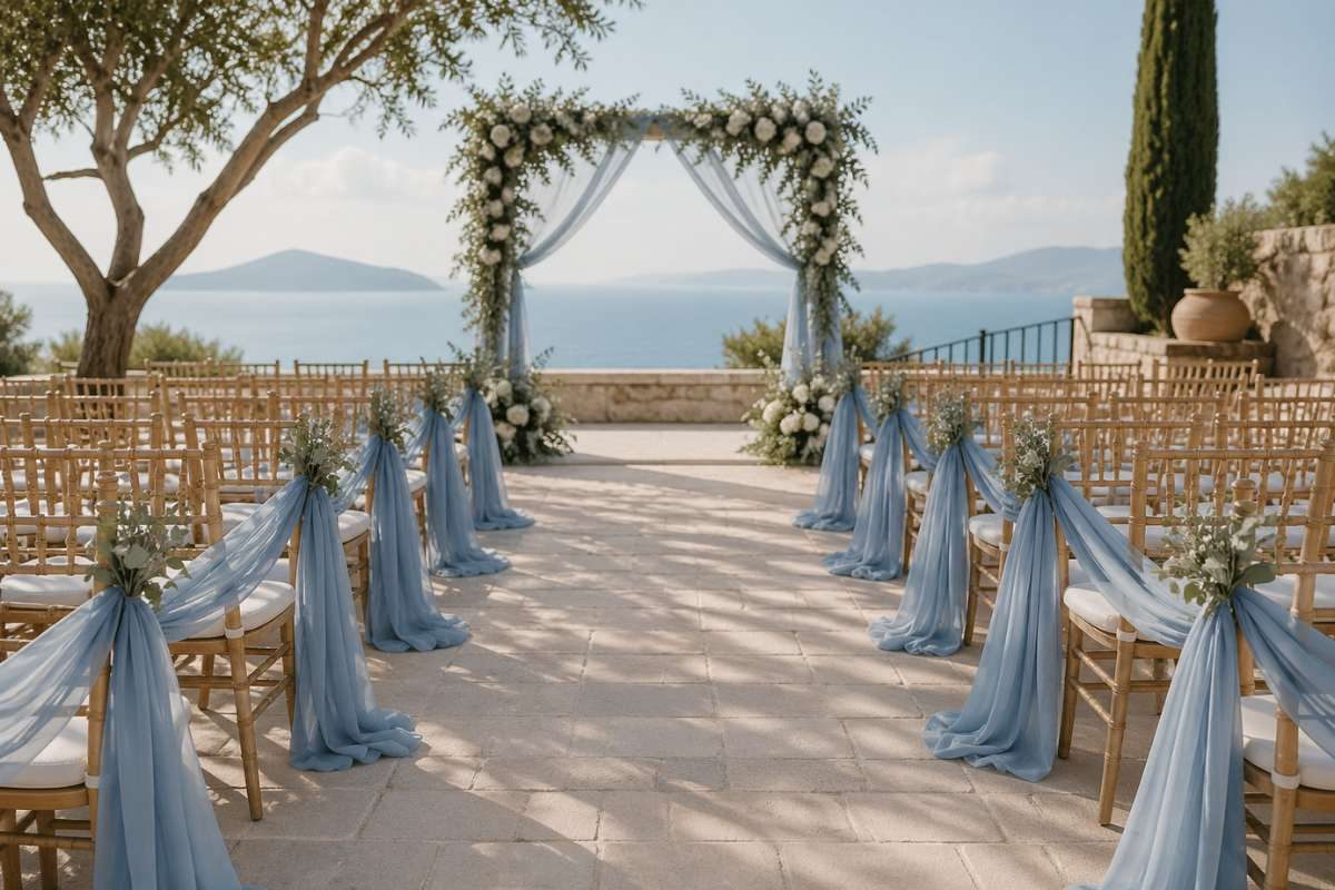 outdoor wedding aisle with dusty blue fabric wraps on chairs and sage greenery arch