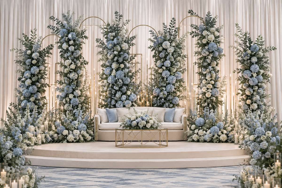 tall floral wedding stage with dusty blue and sage green arrangements