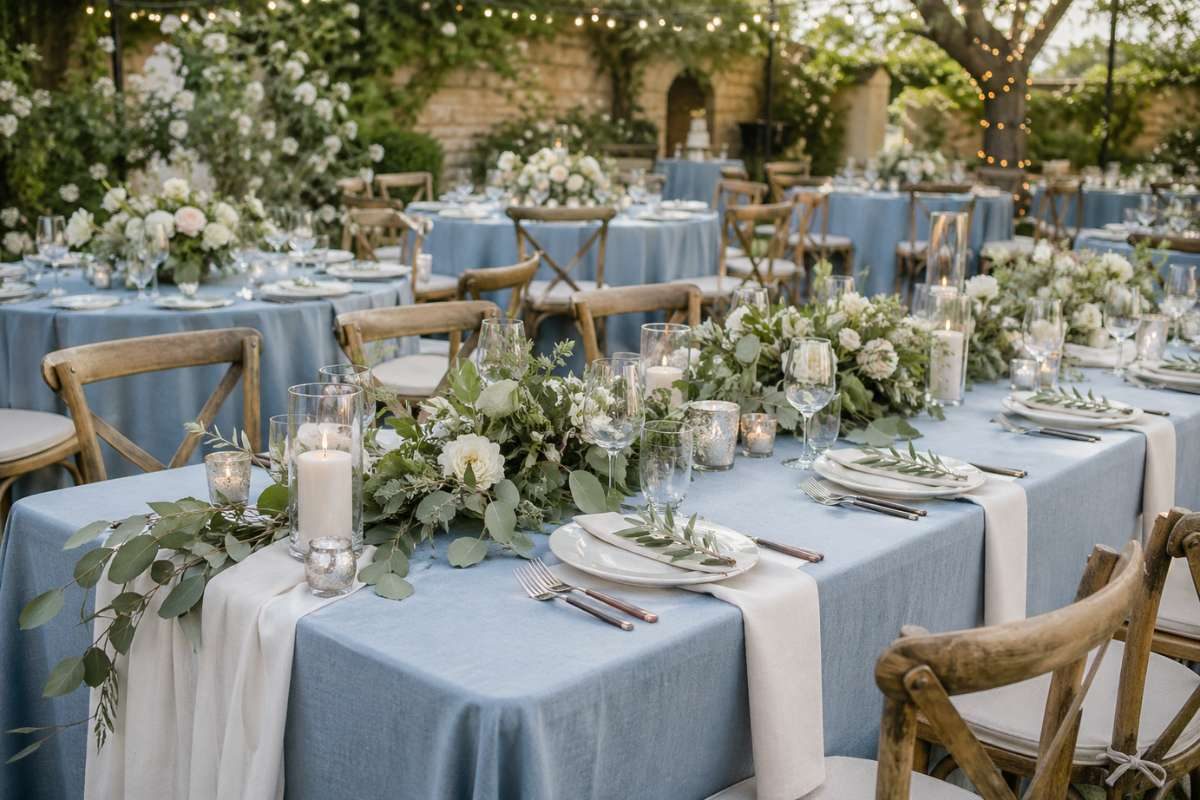 dusty blue table linens with sage greenery wedding tablescape
