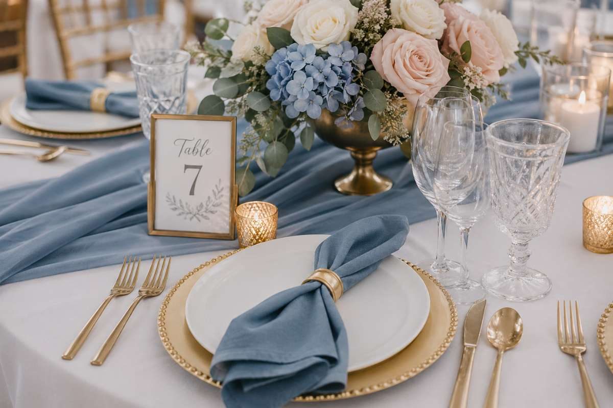 dusty blue napkins with gold cutlery and elegant table decor