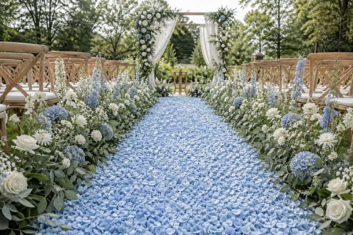 wedding aisle covered with dusty blue petals and greenery borders