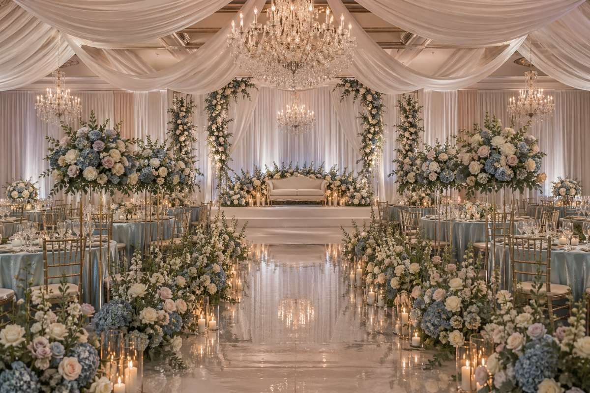 elegant indoor wedding with chandeliers dusty blue and sage floral decor