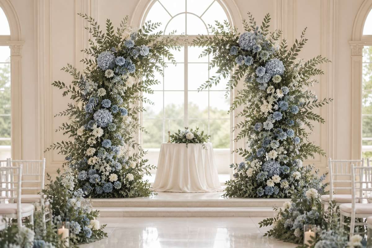 wedding altar arch with dusty blue flowers and sage greenery