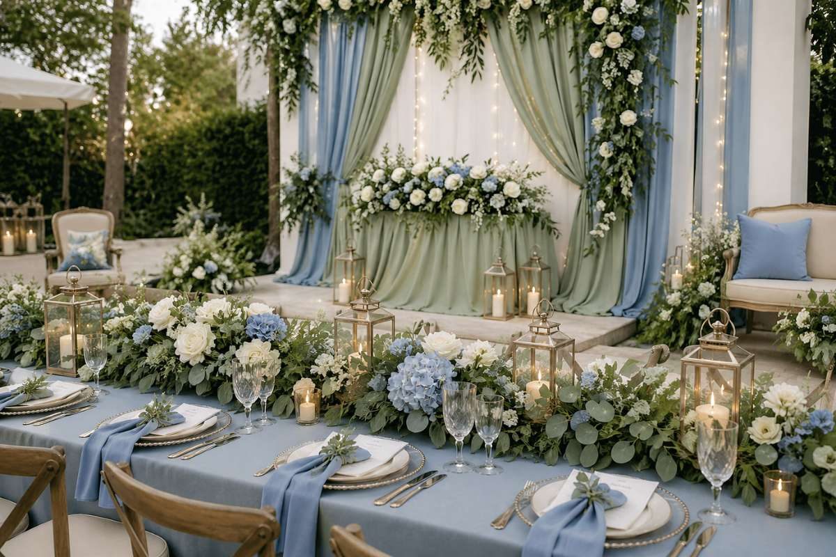 balanced dusty blue and sage green wedding decor with floral arch and candles