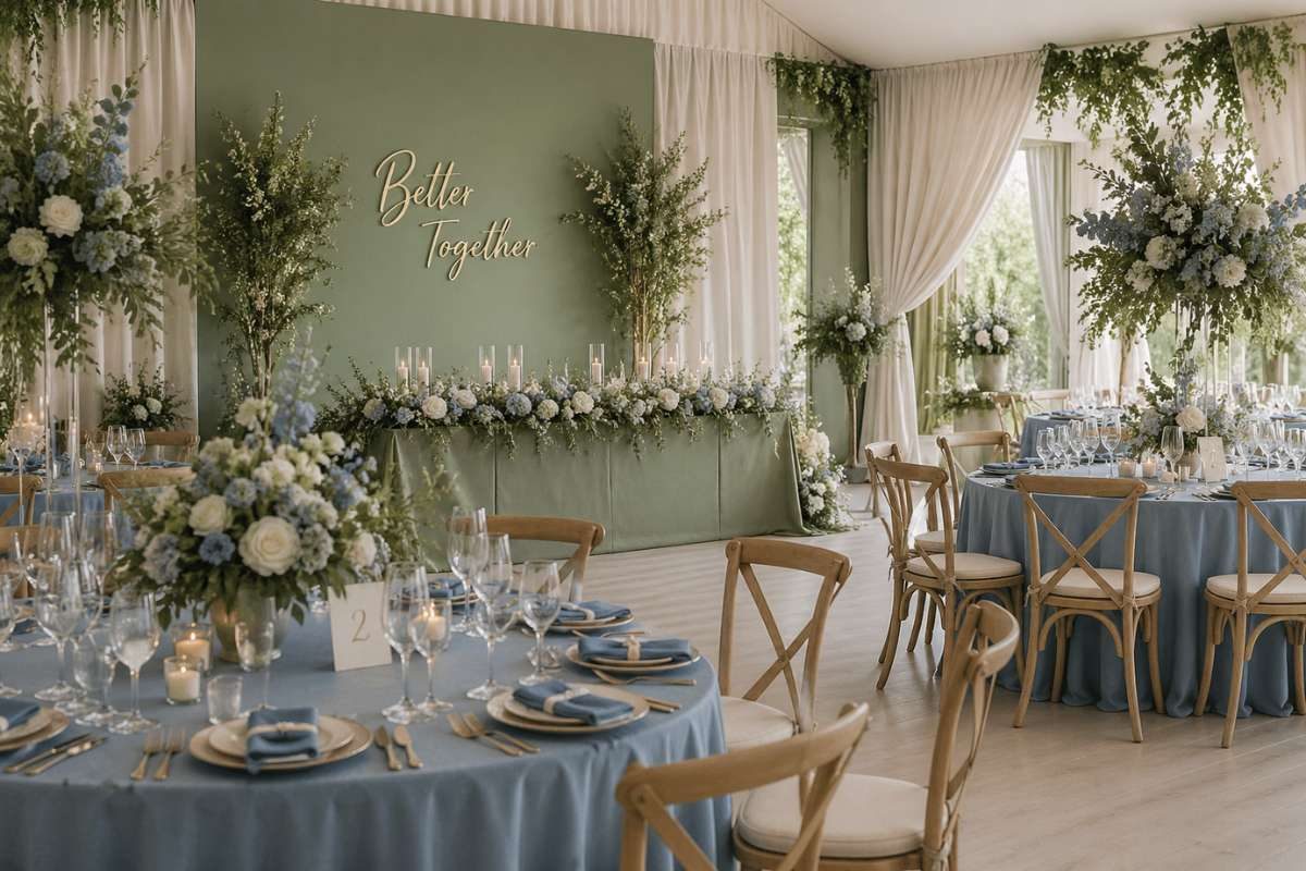 dusty blue and sage green wedding reception table setup with elegant floral decor