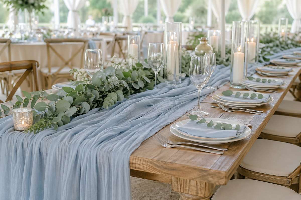 long wooden table with dusty blue runner and greenery decor