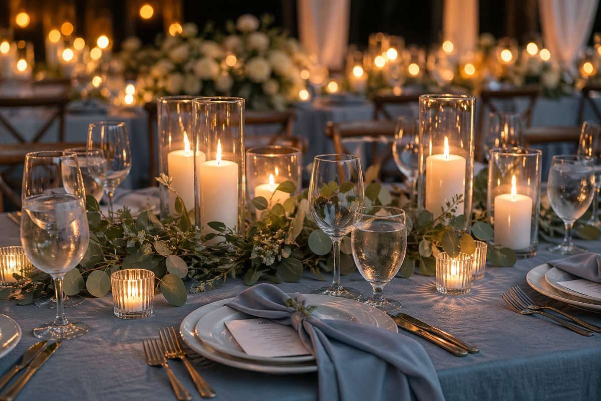 romantic wedding table with candles dusty blue linens and greenery