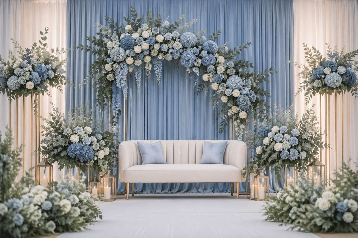 dusty blue floral wedding stage backdrop with sage greenery accents