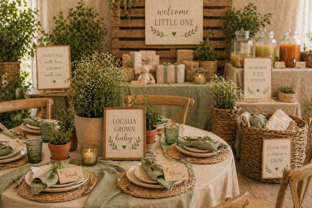 Earth-tone styling ideas for a locally grown baby shower with sage green linens, woven textures, and natural decor accents.