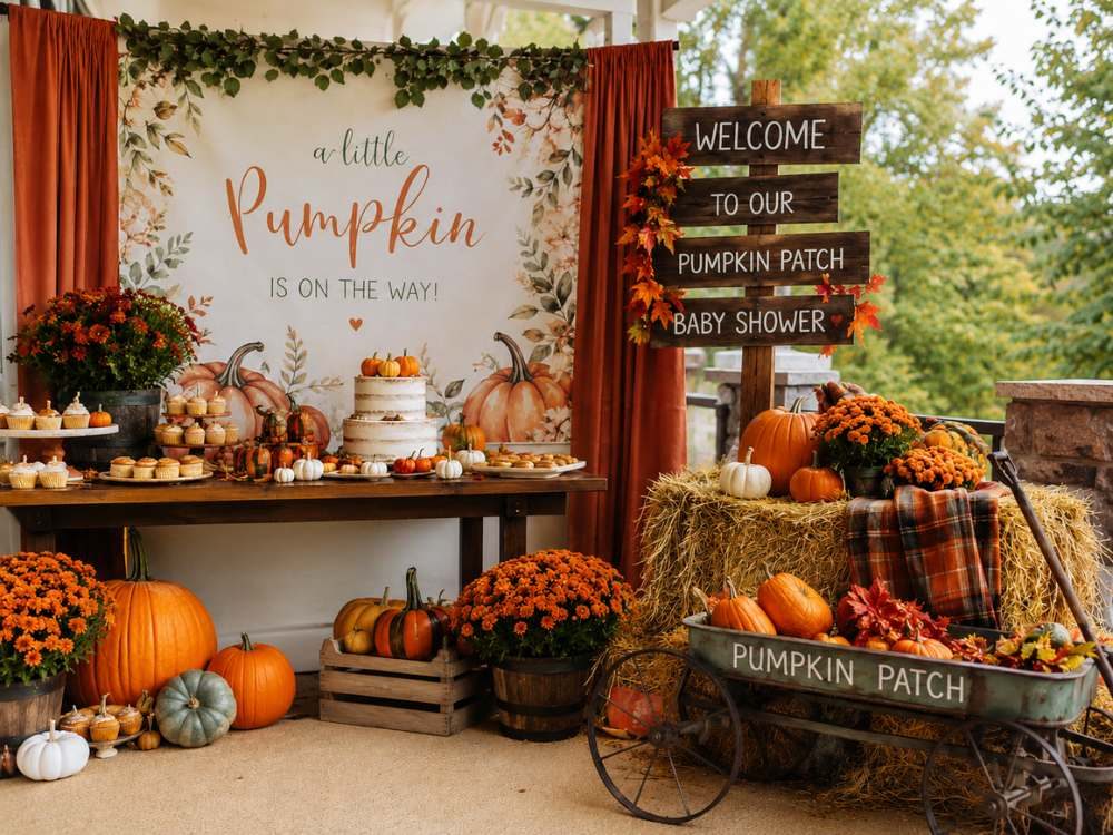 Rustic pumpkin patch baby shower setup featuring pumpkins, hay bales, plaid blankets, autumn mums, wooden signs, seasonal desserts, and warm fall decorations creating a cozy and inviting celebration atmosphere.