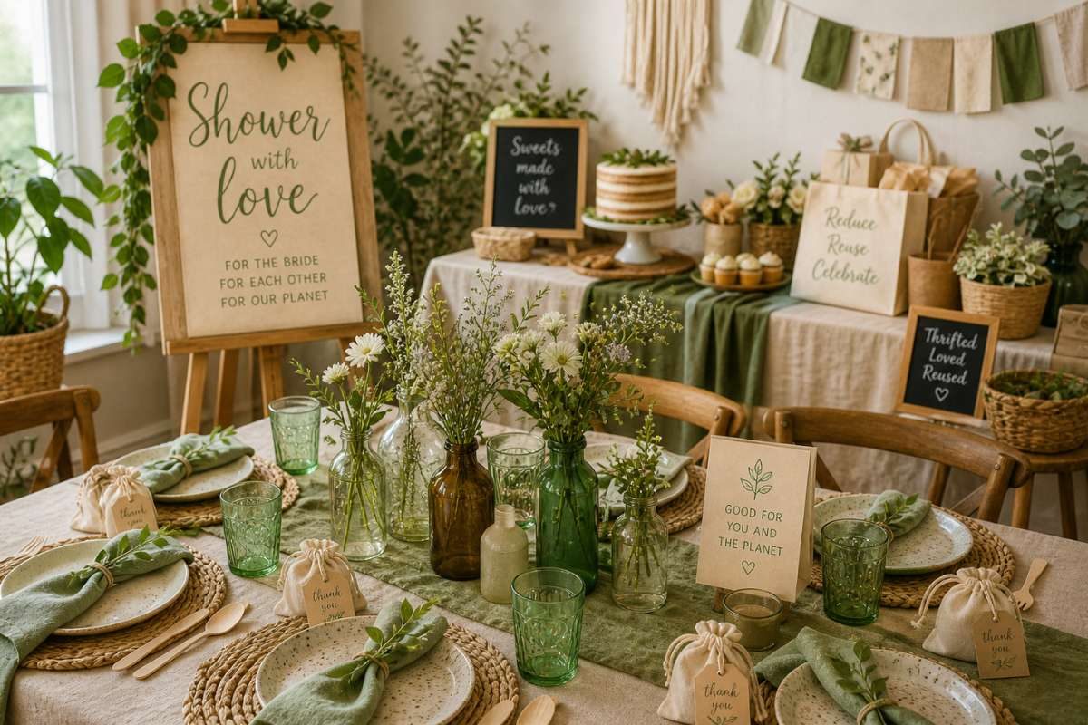 Eco-friendly bridal shower with reusable decor, greenery, and natural table styling