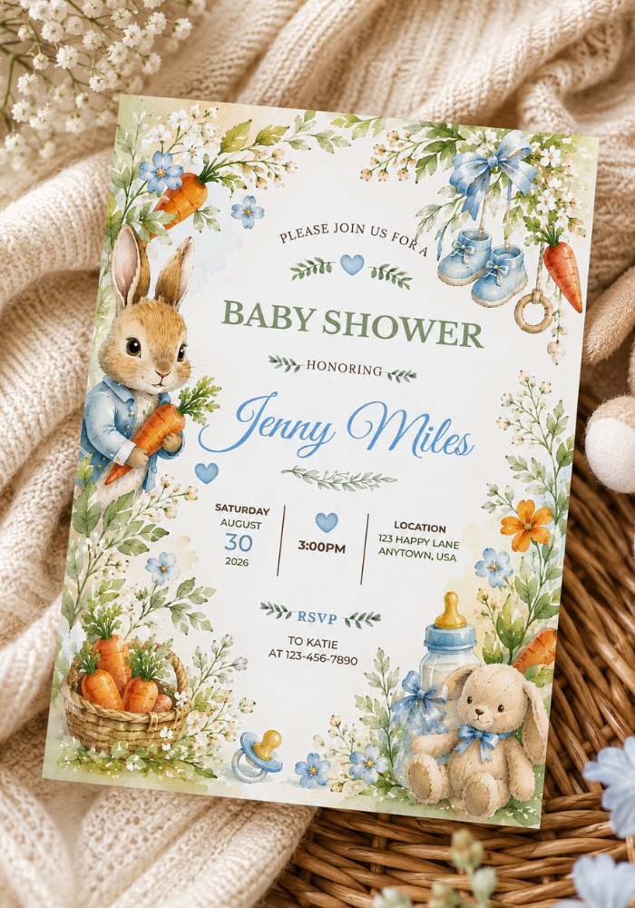 editable peter rabbit baby shower invitation template in canva
