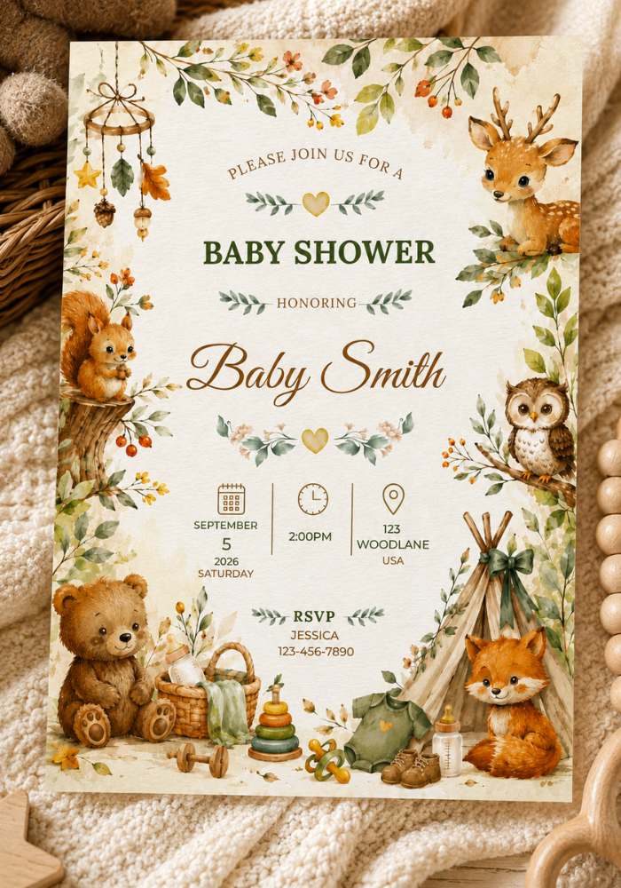 Editable Woodland Baby Shower Invitation Template featuring woodland animals and greenery.