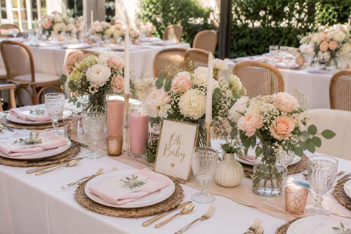 Elegant floral brunch baby shower table featuring blush and ivory flower centerpieces, candle accents, woven placemats, soft pink napkins, and sophisticated garden party décor.