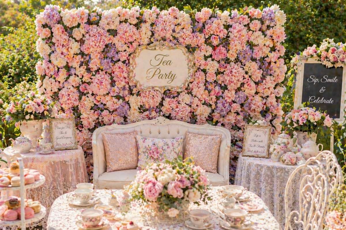 Elegant floral tea party decoration setup with pastel flower wall backdrop, vintage couch, and beautifully styled party table outdoors.