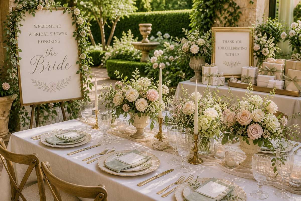 Elegant outdoor bridal shower table with floral centerpieces and neutral table styling