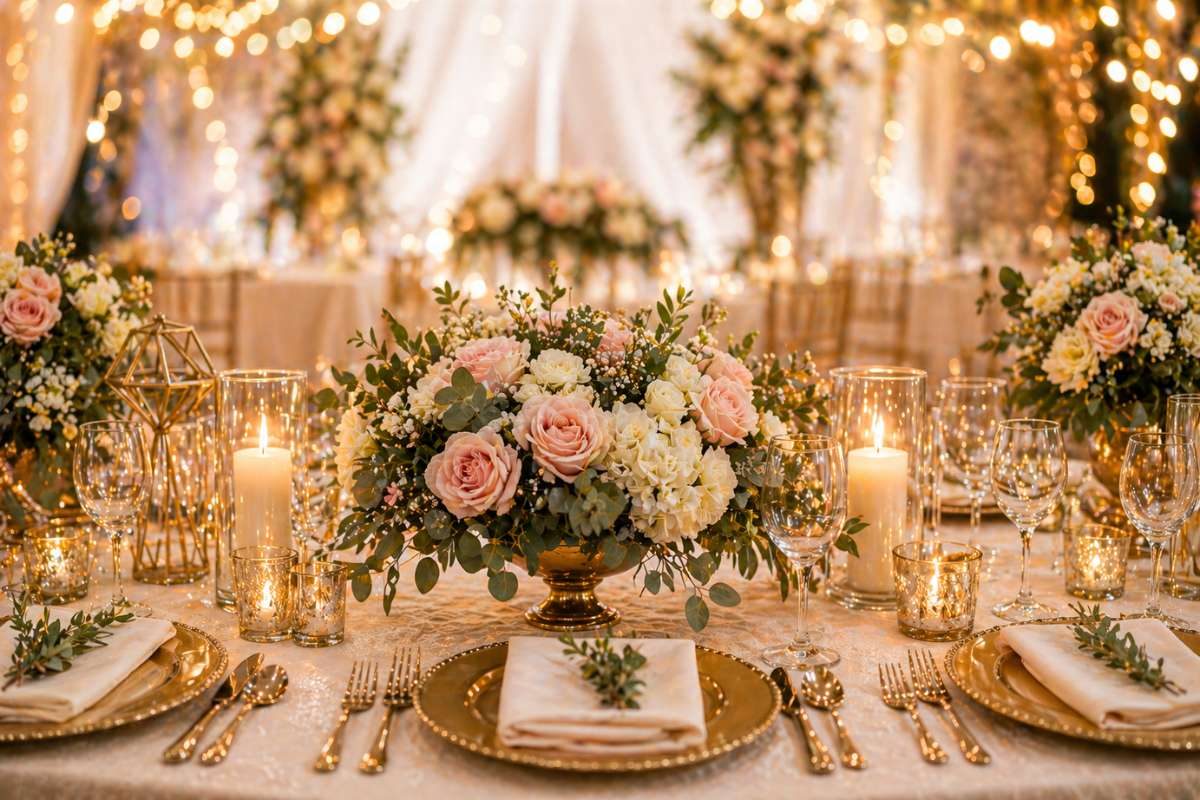 Elegant wedding table decoration with gold accents, blush roses centerpiece, candles, and luxury place settings for a romantic reception