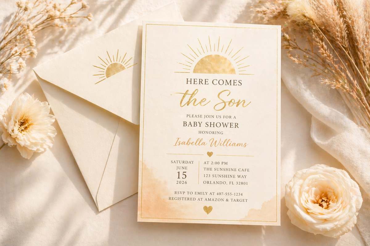 Neutral and gold Here Comes the Son baby shower invitation with sun illustration