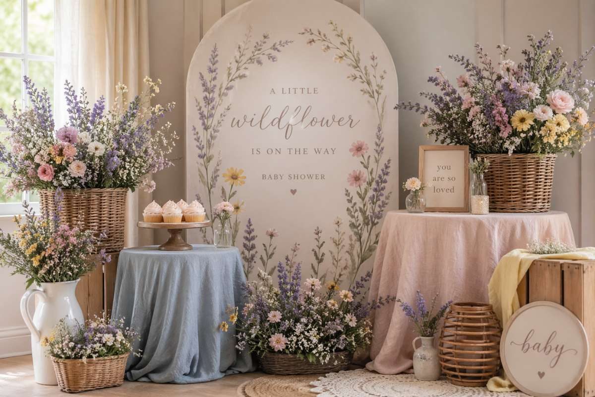 elegant wildflower baby shower backdrop