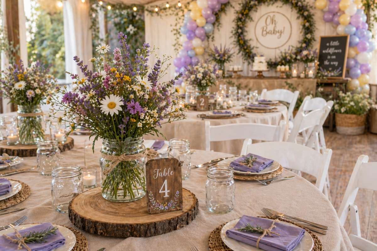 elegant wildflower baby shower reception