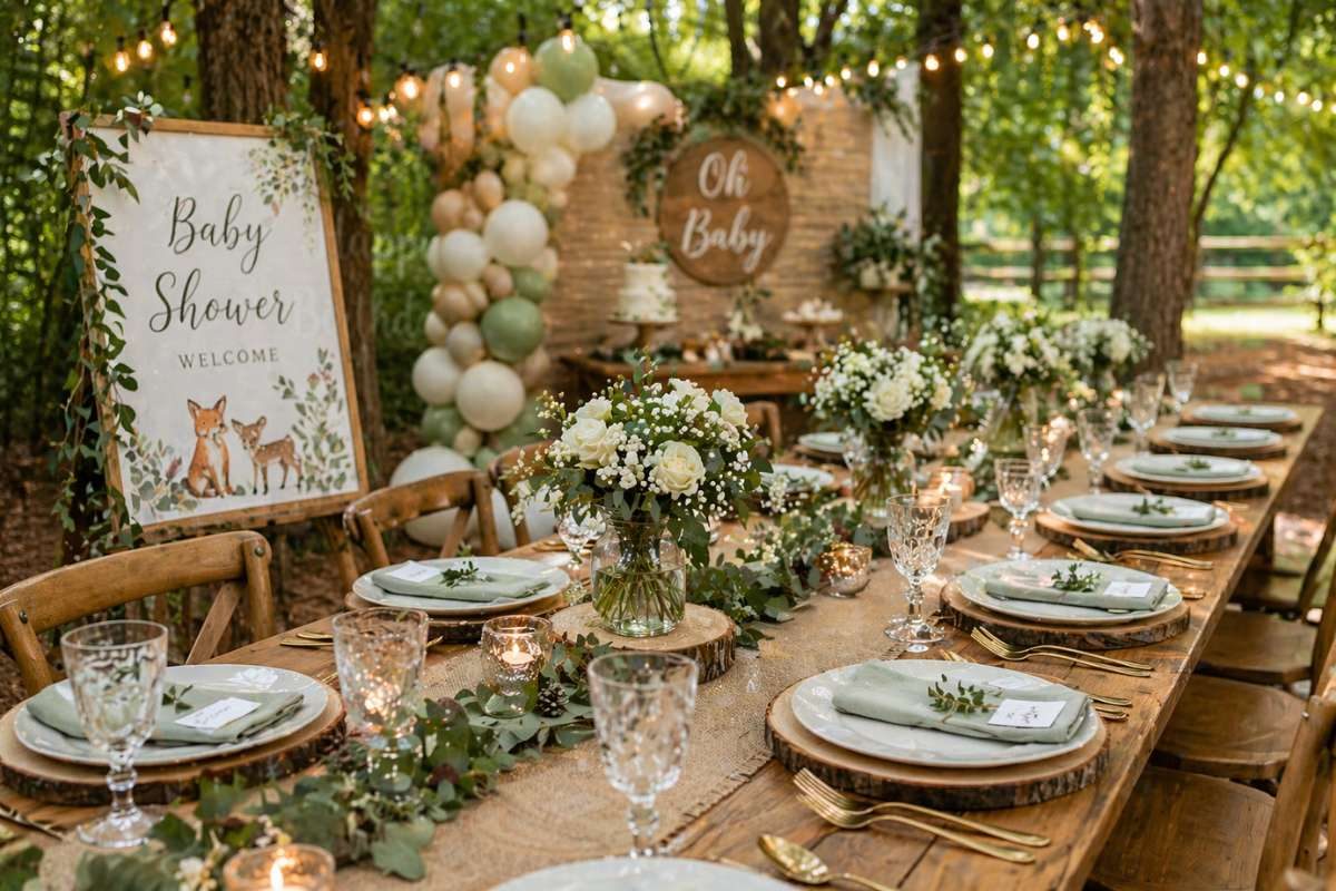 Elegant woodland baby shower table setup with greenery runner, white plates, candles, and rustic wooden accents