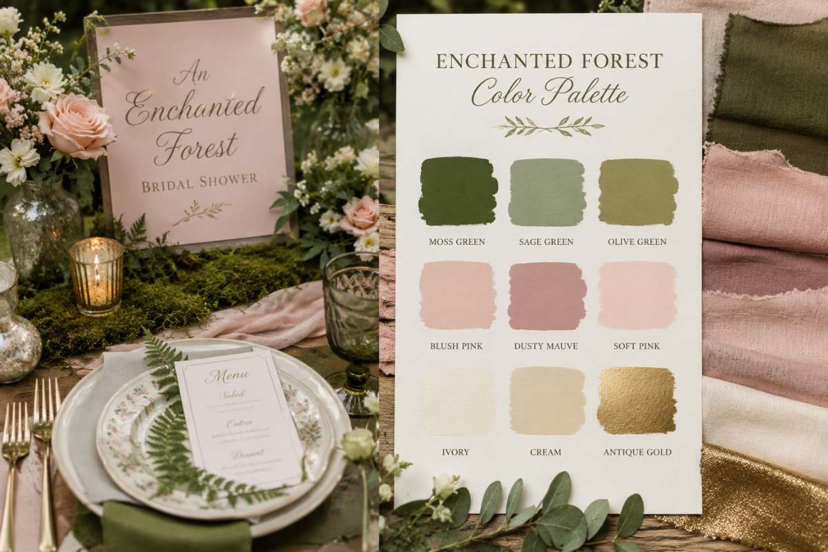 Enchanted forest bridal shower color palette featuring moss green, sage, blush pink, ivory, cream, and antique gold inspiration.