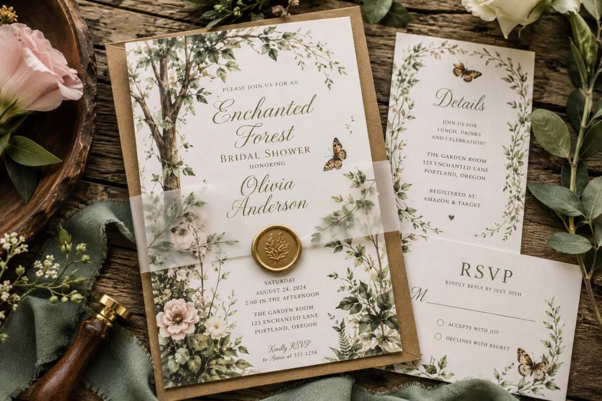 Elegant enchanted forest bridal shower invitation suite with botanical illustrations, vellum wrap, wax seal, RSVP card, and details card.