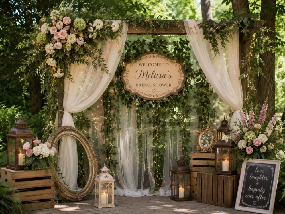 Romantic enchanted forest bridal shower welcome display with floral arch, lanterns, draped fabric, and woodland-inspired décor.