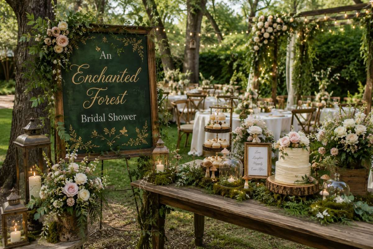 Elegant enchanted forest bridal shower welcome table featuring a floral welcome sign, rustic wooden décor, lanterns, moss, candles, cupcakes, and a floral cake set in a romantic outdoor garden.