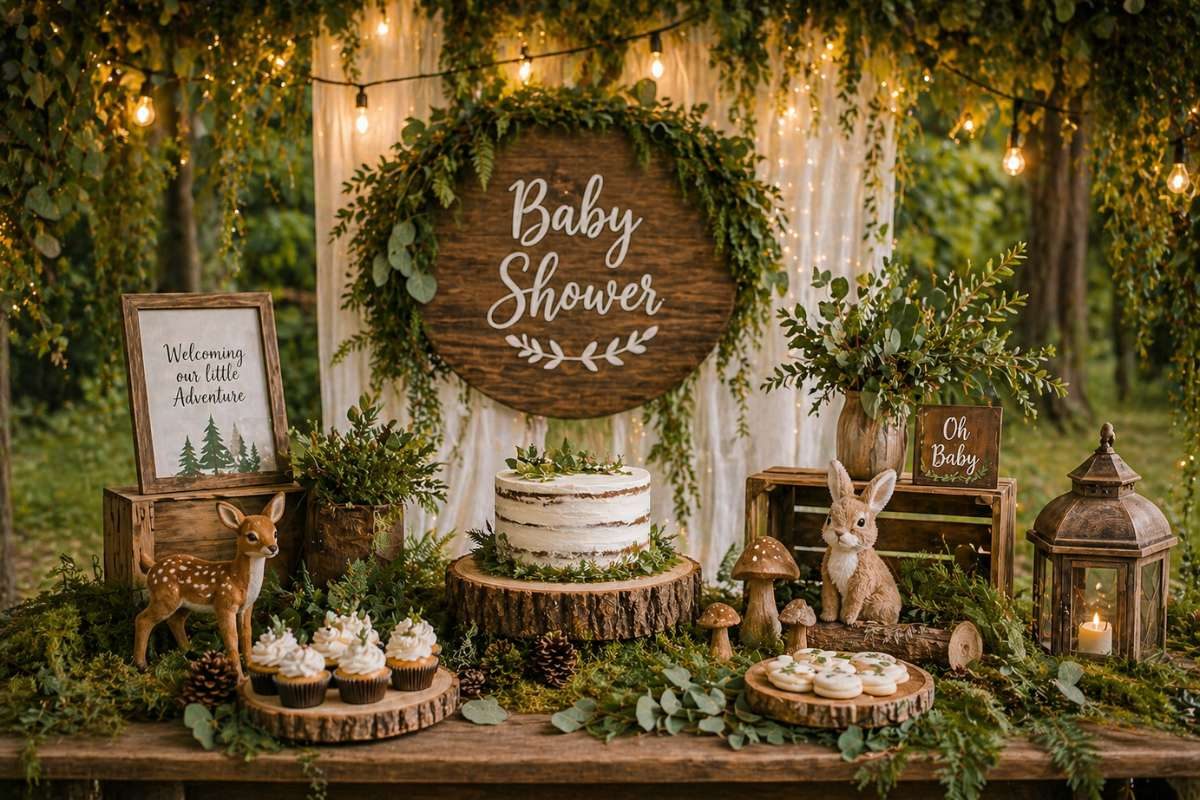 Enchanted woodland baby shower backdrop with fairy lights, greenery garland, and wooden baby shower sign