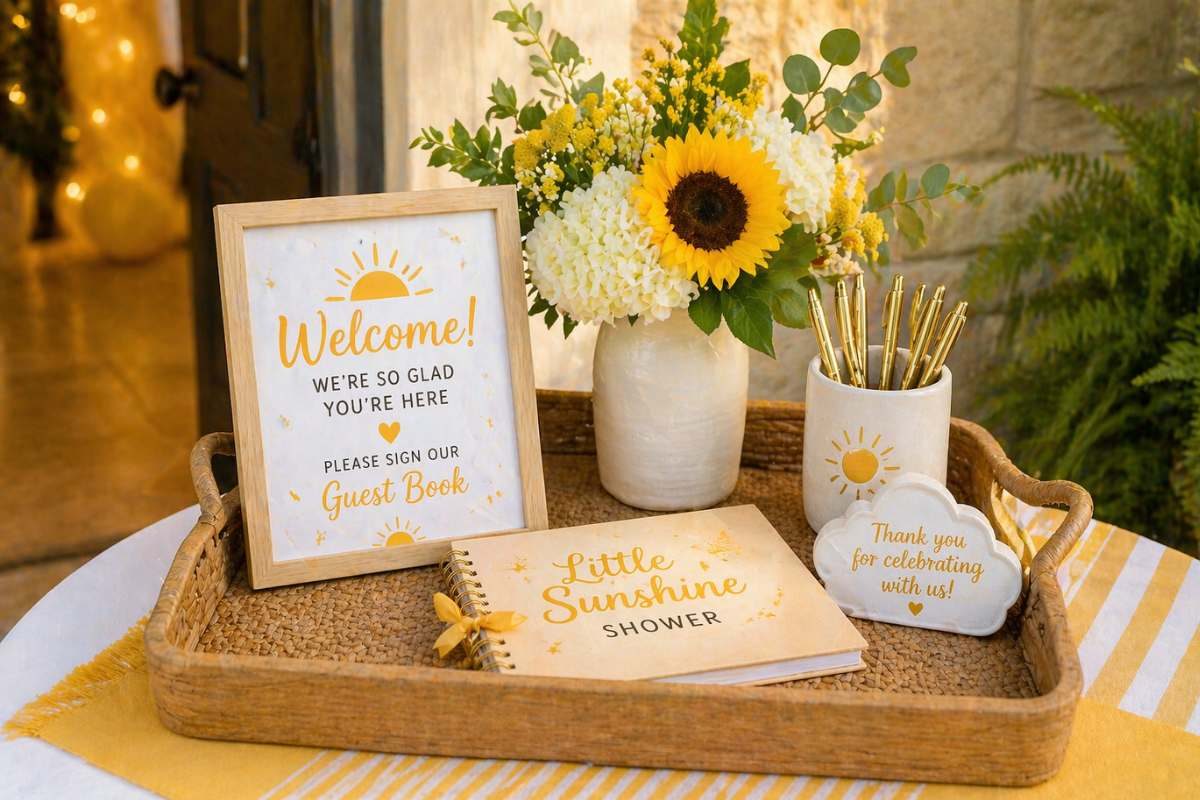 Welcome tray with guest book and sunflower arrangement for baby shower entrance