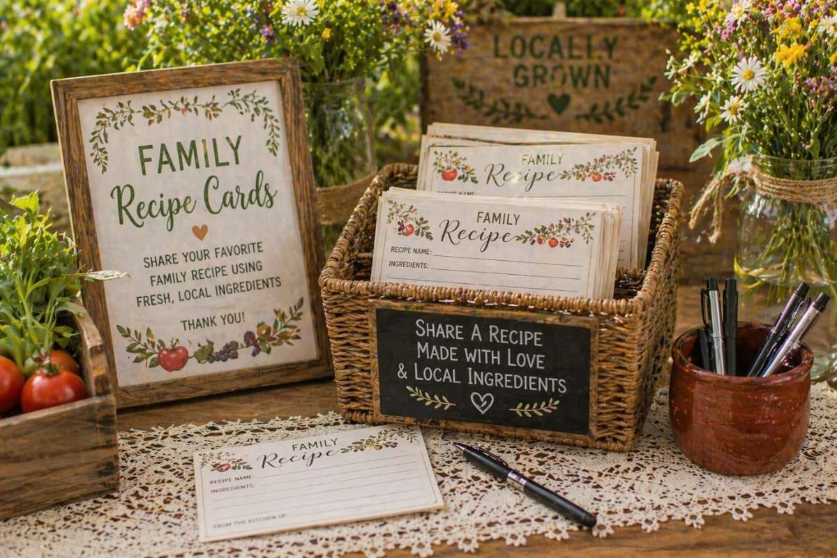 Family recipe card station for a locally grown baby shower with rustic baskets, floral accents, and handwritten recipe cards.