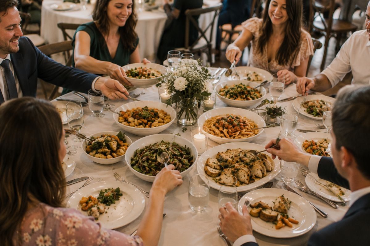 Wedding guests enjoying a family-style reception dinner, passing shared platters of pasta, roasted chicken, salads, and vegetables around a beautifully decorated table with candles and floral centerpieces.