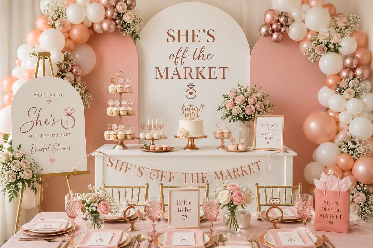 Elegant farmers market inspired bridal shower setup with pink balloons, floral arrangements, and dessert table