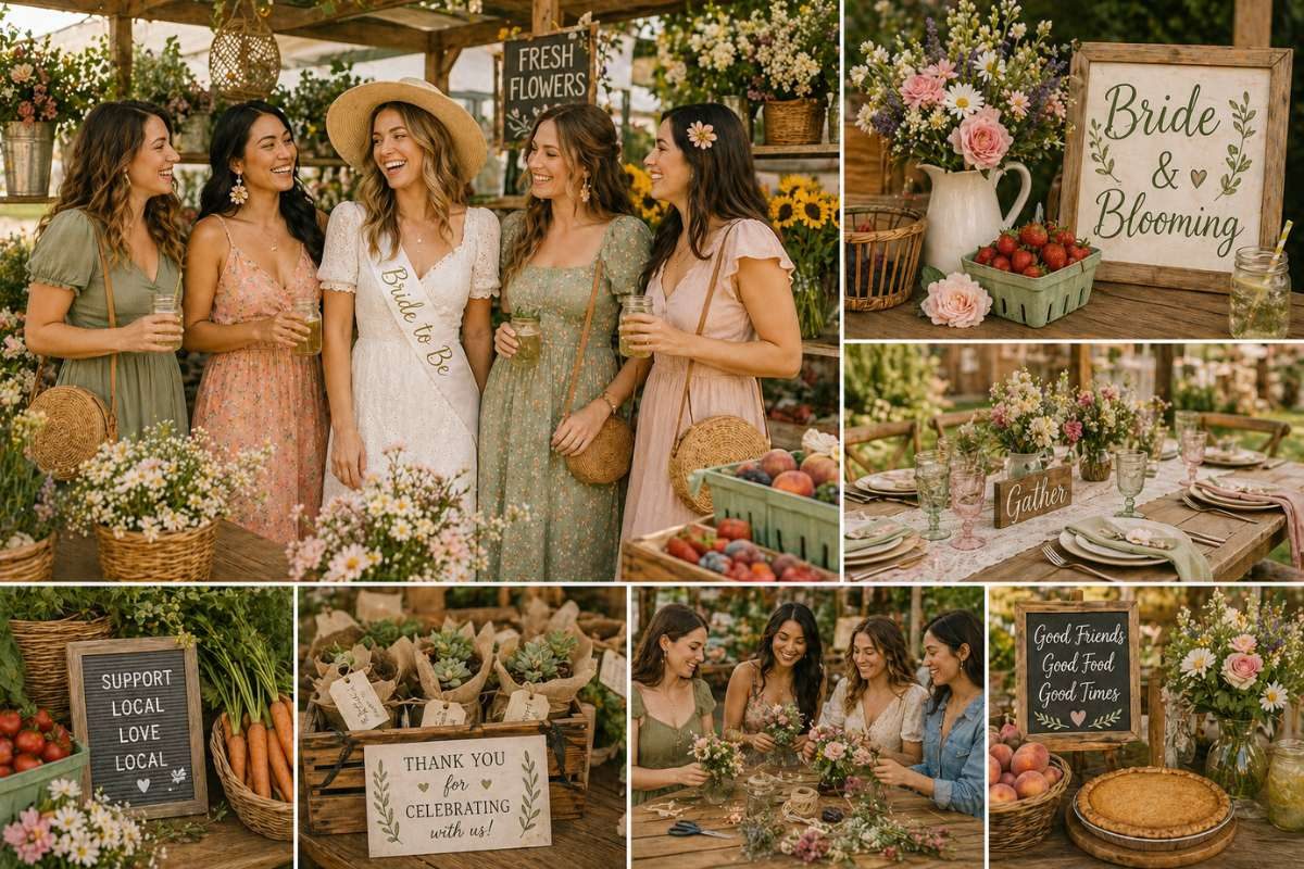 Bridal shower guests enjoying farmers market themed celebration with decor and activities