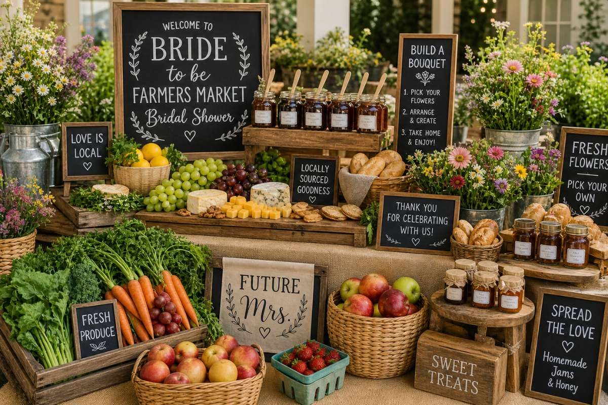 Farmers market bridal shower setup with fresh fruits, bread, and rustic signage