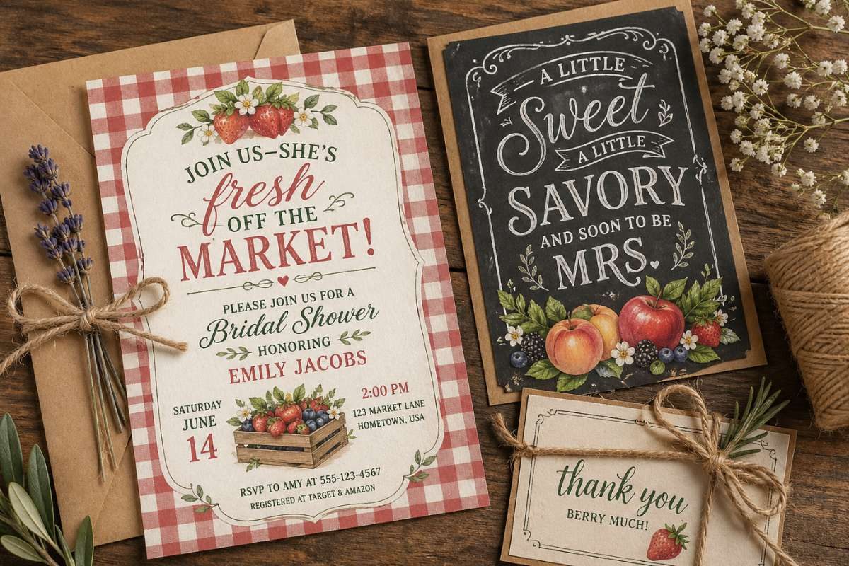 Farmers market themed bridal shower invitations with floral and fruit illustrations