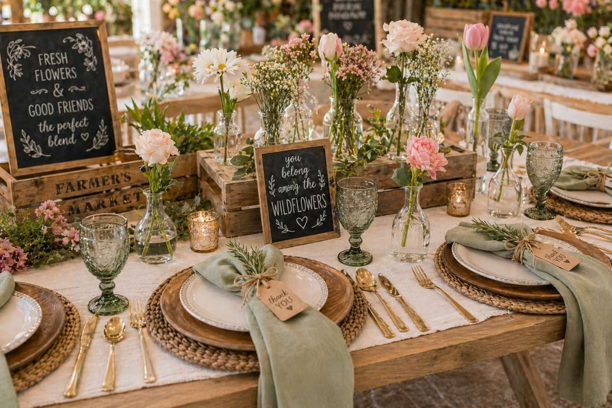 Rustic elegant table setting with flowers, greenery, and woven placemats for farmers market bridal shower