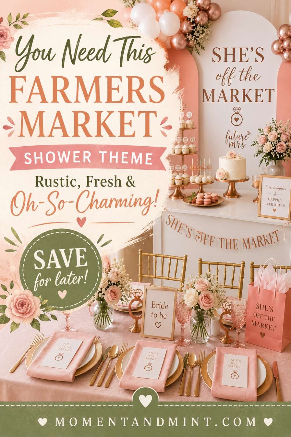 Farmers market bridal shower featuring blush floral decorations, elegant dessert table, balloon garland, rustic market-inspired décor, and fresh romantic styling.