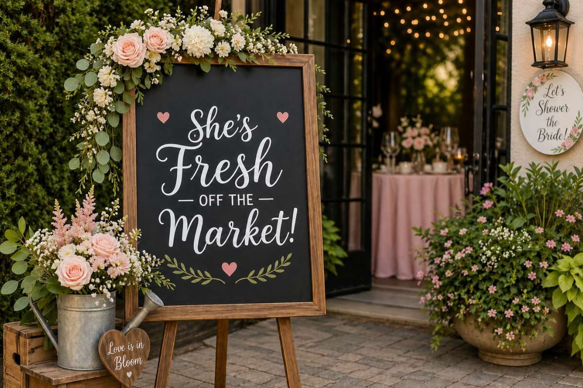 Rustic bridal shower welcome sign with flowers and “She’s Fresh Off the Market” message at entrance