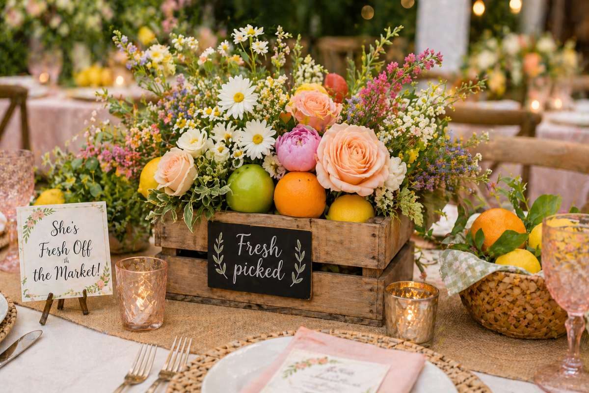 Rustic centerpiece with fresh flowers and fruits in wooden crate for farmers market themed bridal shower