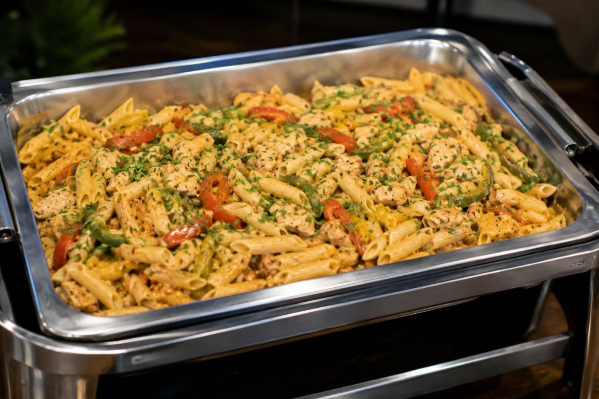 Flavorful fajita chicken pasta with tender seasoned chicken, penne, colorful bell peppers, onions, and a creamy sauce, garnished with fresh cilantro and served in a stainless steel buffet chafing dish for a budget-friendly wedding reception.
