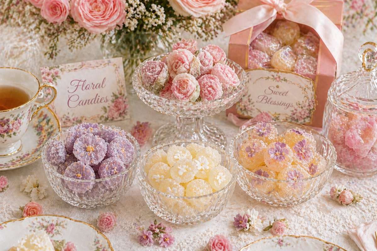 floral sugar candies displayed in glass bowls for elegant tea party