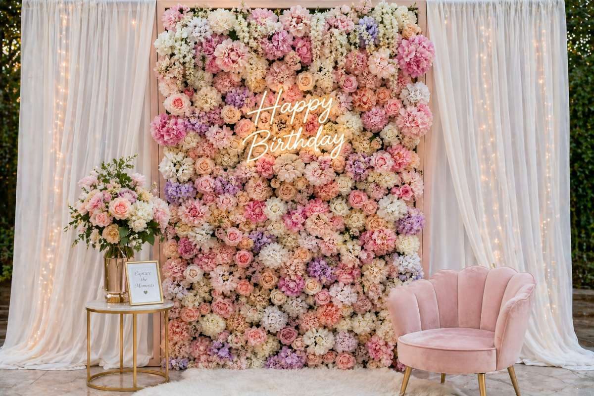 pastel floral backdrop for tea party photo area with elegant decor