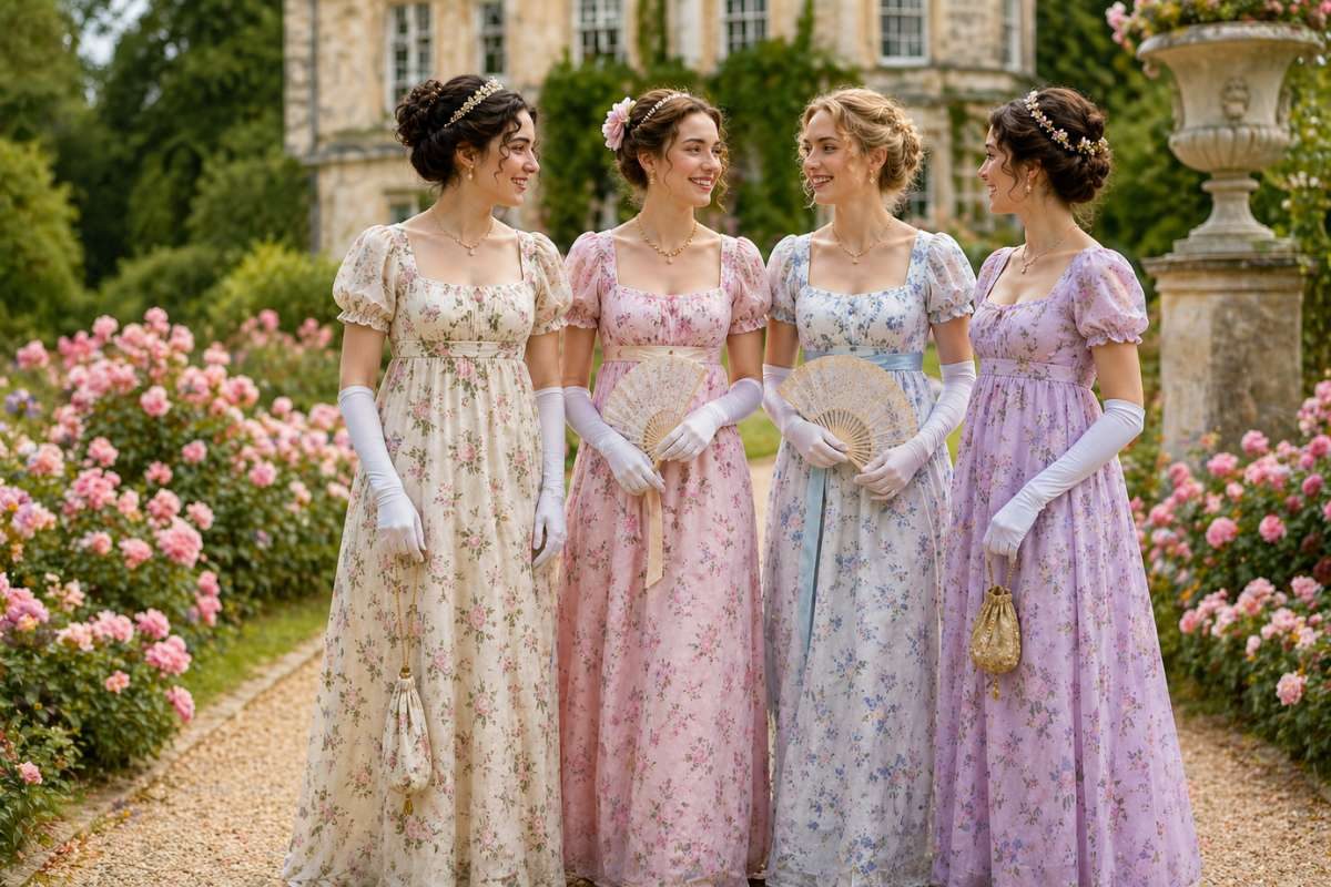 Women wearing pastel floral Regency-inspired dresses at an elegant outdoor garden tea party