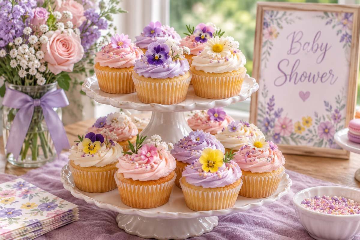 Vanilla cupcakes topped with pastel buttercream frosting and edible flowers displayed on a tiered cake stand for a beautiful baby shower dessert table.
