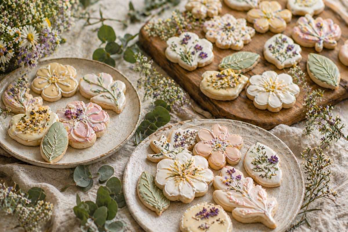 Floral sugar cookies decorated for a wildflower baby shower dessert table