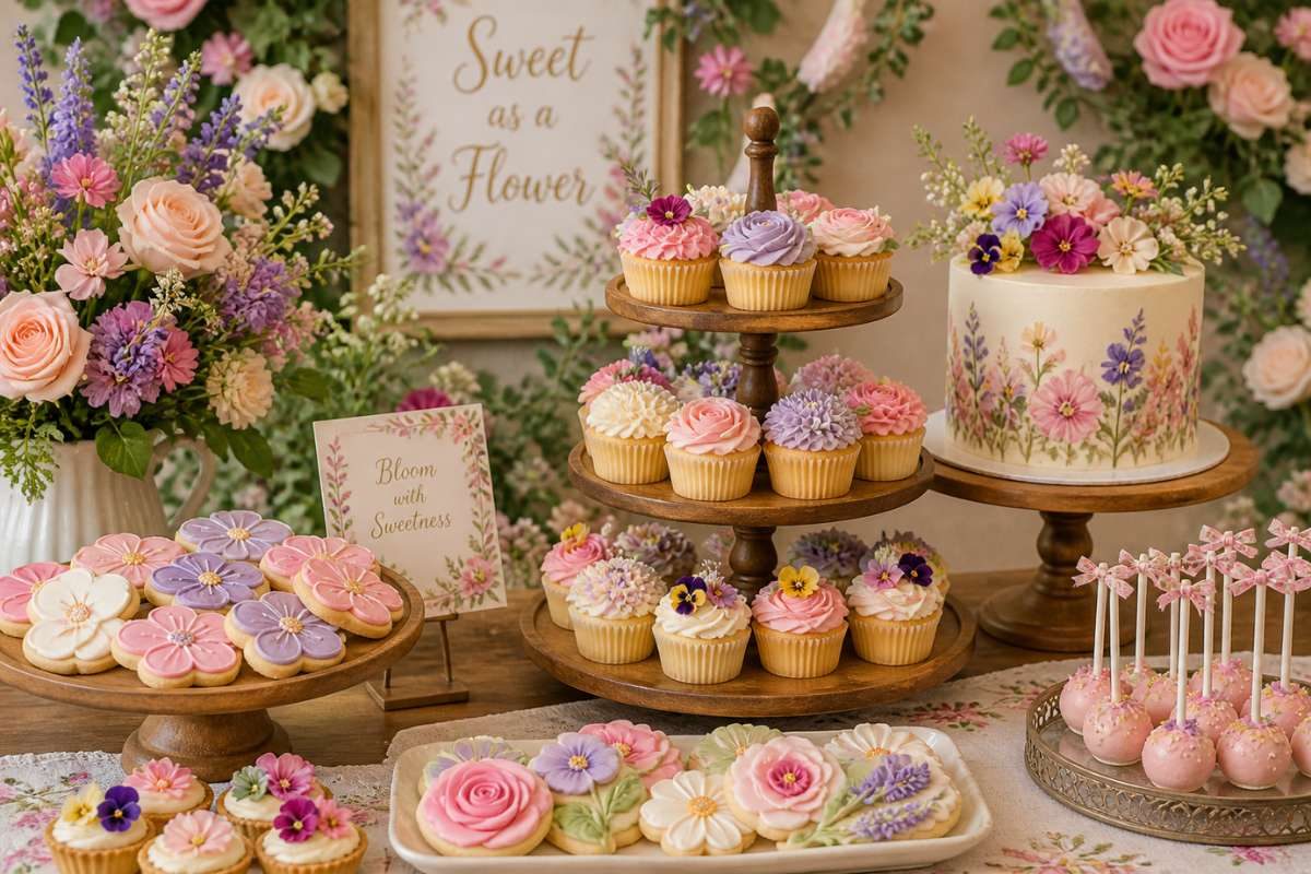 Floral wildflower baby shower dessert table with cupcakes, cookies, and pastel flower cake