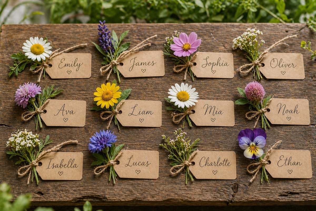 Flower-accented guest name tags for a locally grown baby shower featuring fresh blooms and rustic kraft paper tags.
